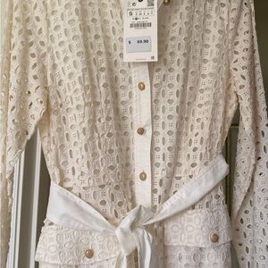 Zara Eyelet Longsleeved Button-Up Mini Shirt Dress NWT